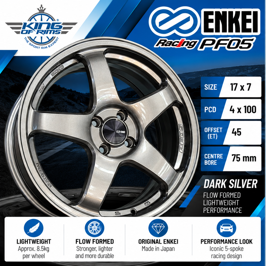 Enkei Racing PF05 17x7 ET45 4x100 Dark Silver Flow Formed Wheels (Set of 4)