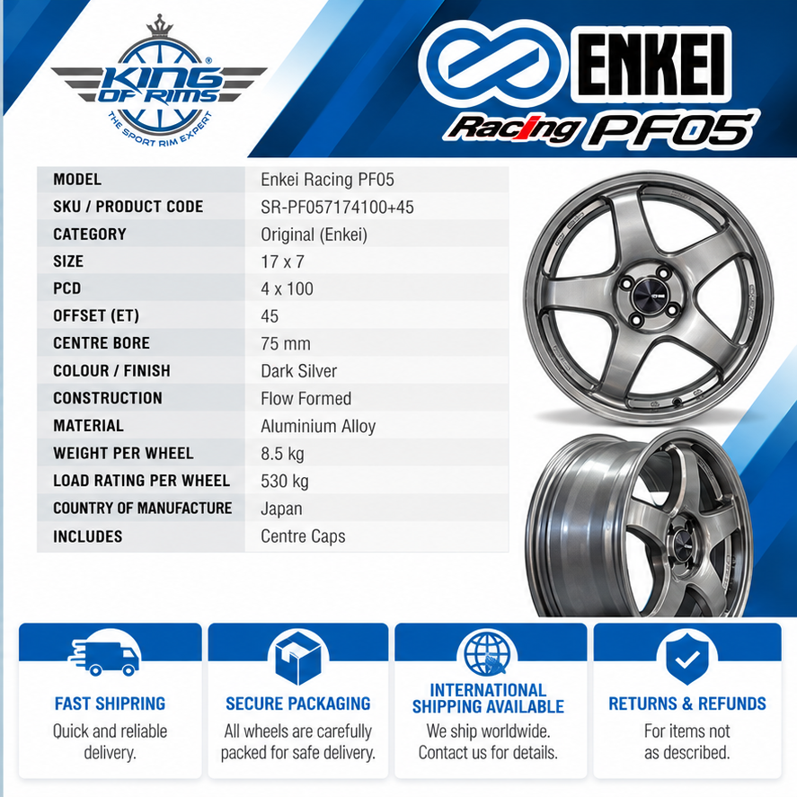 Enkei Racing PF05 17x7 ET45 4x100 Dark Silver Flow Formed Wheels (Set of 4)