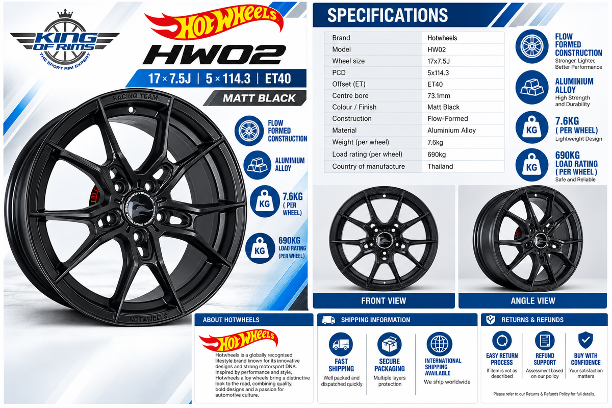Hotwheels HW02 17x7.5J ET40 5x114.3 Matt Black Alloy Wheels (Set of 4)