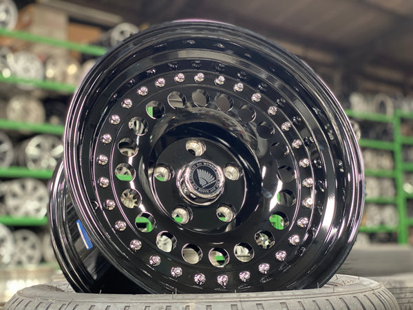 New 15X8.5 ET-15 Daytona Classic Design Rim (4 wheel) Gloss Black 5X114.3