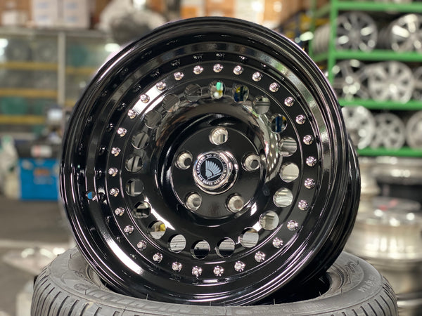 New 15X8.5 ET-15 Daytona Classic Design Rim (4 wheel) Gloss Black 5X114.3