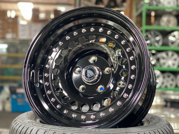 New 15X8.5 ET-15 Daytona Classic Design Rim (4 wheel) Gloss Black 5X114.3