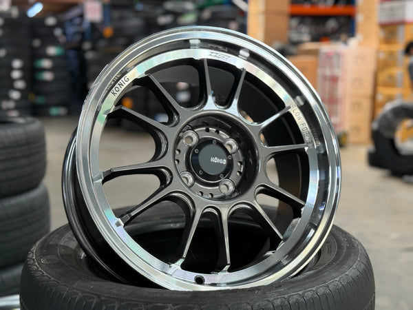New 16X7.5 ET38 Konig Hypergram Rim (4 wheel) Gloss Black Polished Lip 4X100