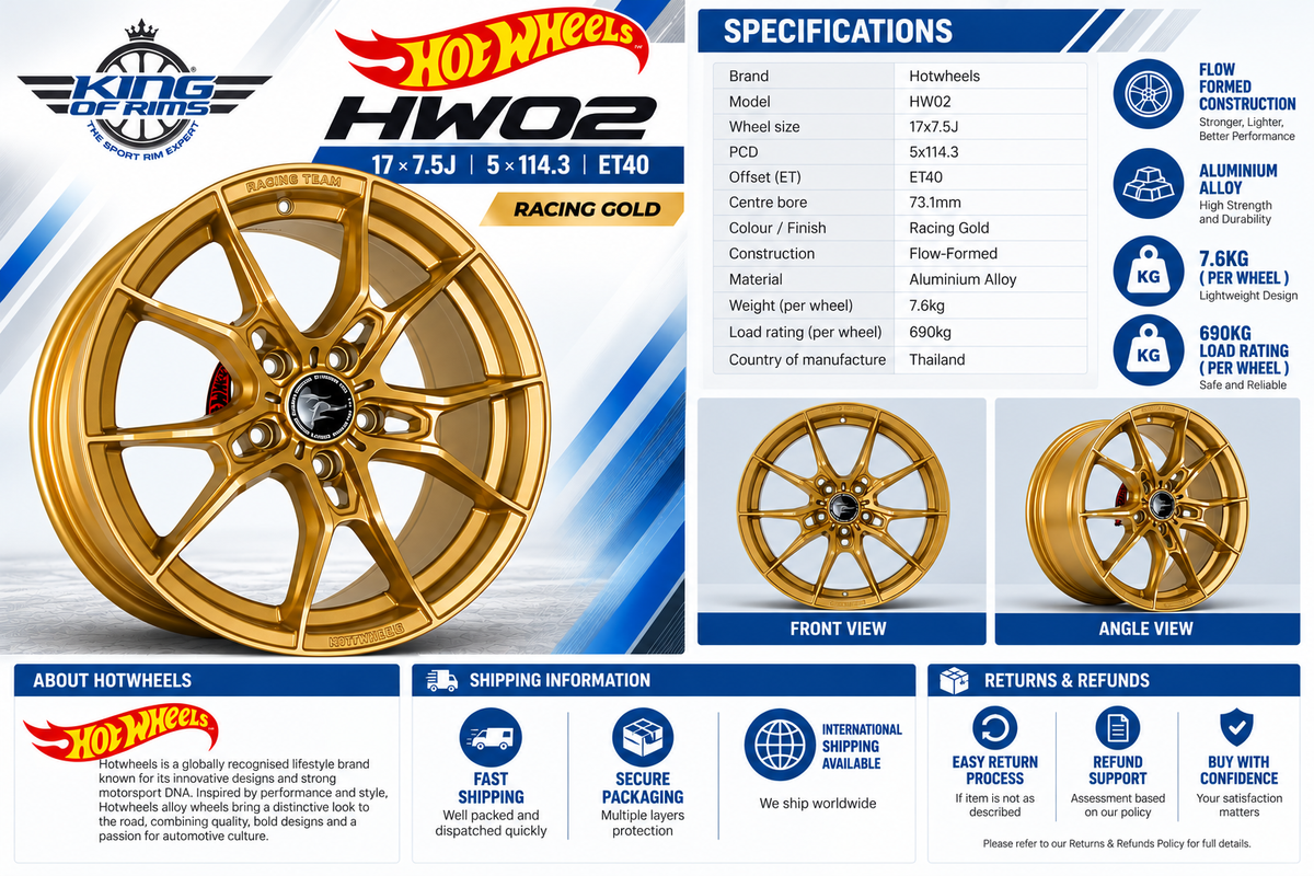 Hotwheels HW02 17x7.5J ET40 5x114.3 Racing Gold Alloy Wheels (Set of 4)