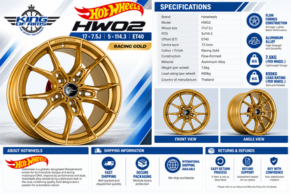 Hotwheels HW02 17x7.5J ET40 5x114.3 Racing Gold Alloy Wheels (Set of 4)