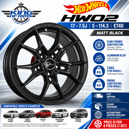 Hotwheels HW02 17x7.5J ET40 5x114.3 Matt Black Alloy Wheels (Set of 4)