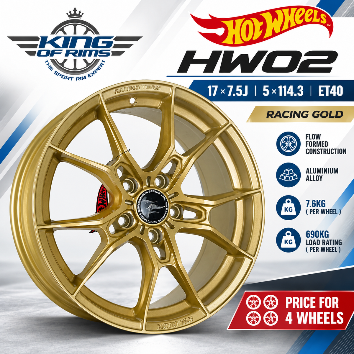 Hotwheels HW02 17x7.5J ET40 5x114.3 Racing Gold Alloy Wheels (Set of 4)