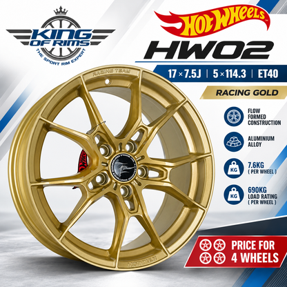 Hotwheels HW02 17x7.5J ET40 5x114.3 Racing Gold Alloy Wheels (Set of 4)