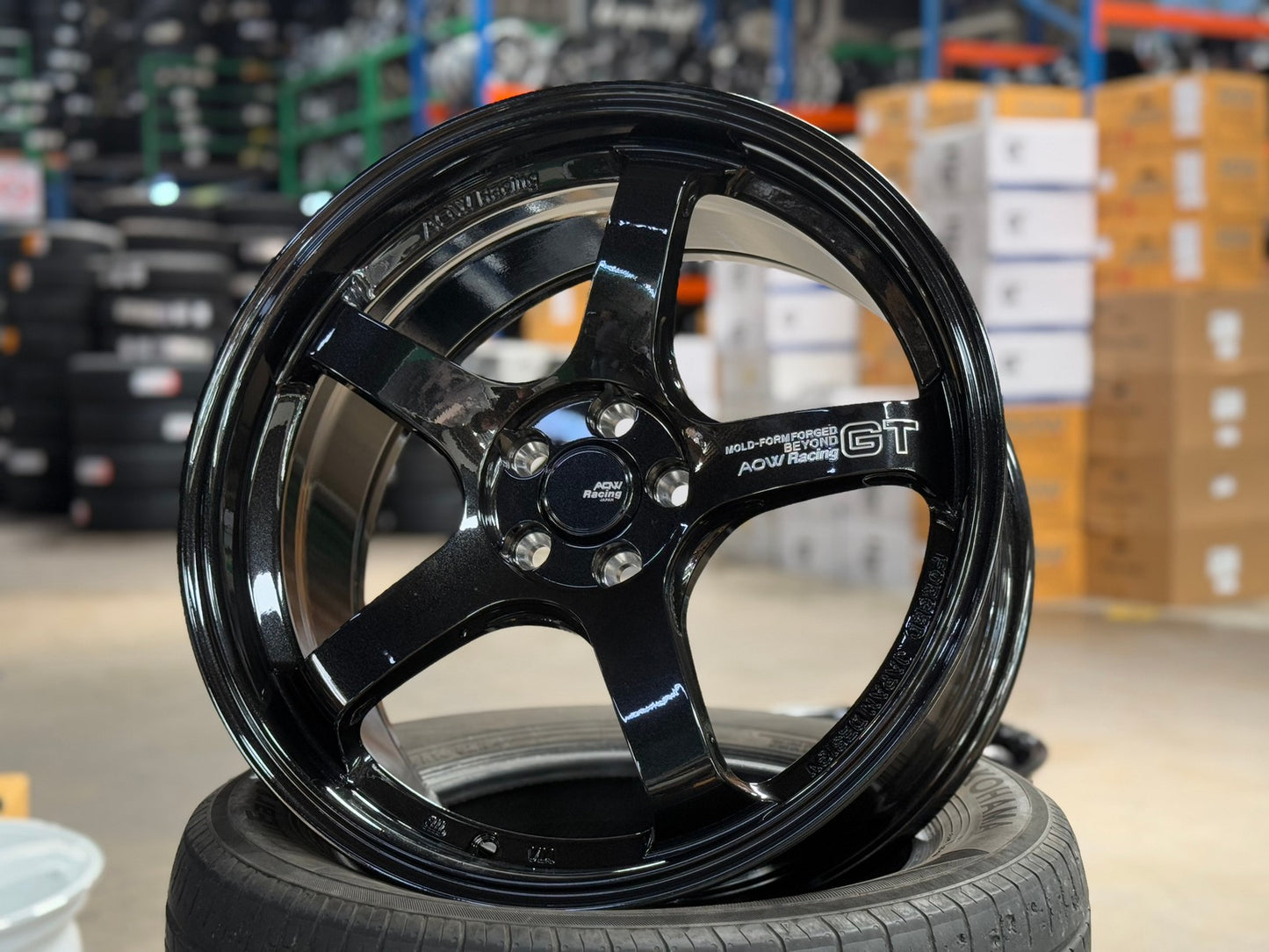 New 18X8.5 ET42 AOW Flow Formed GT Rim (4 wheel) Gloss Black 5X100